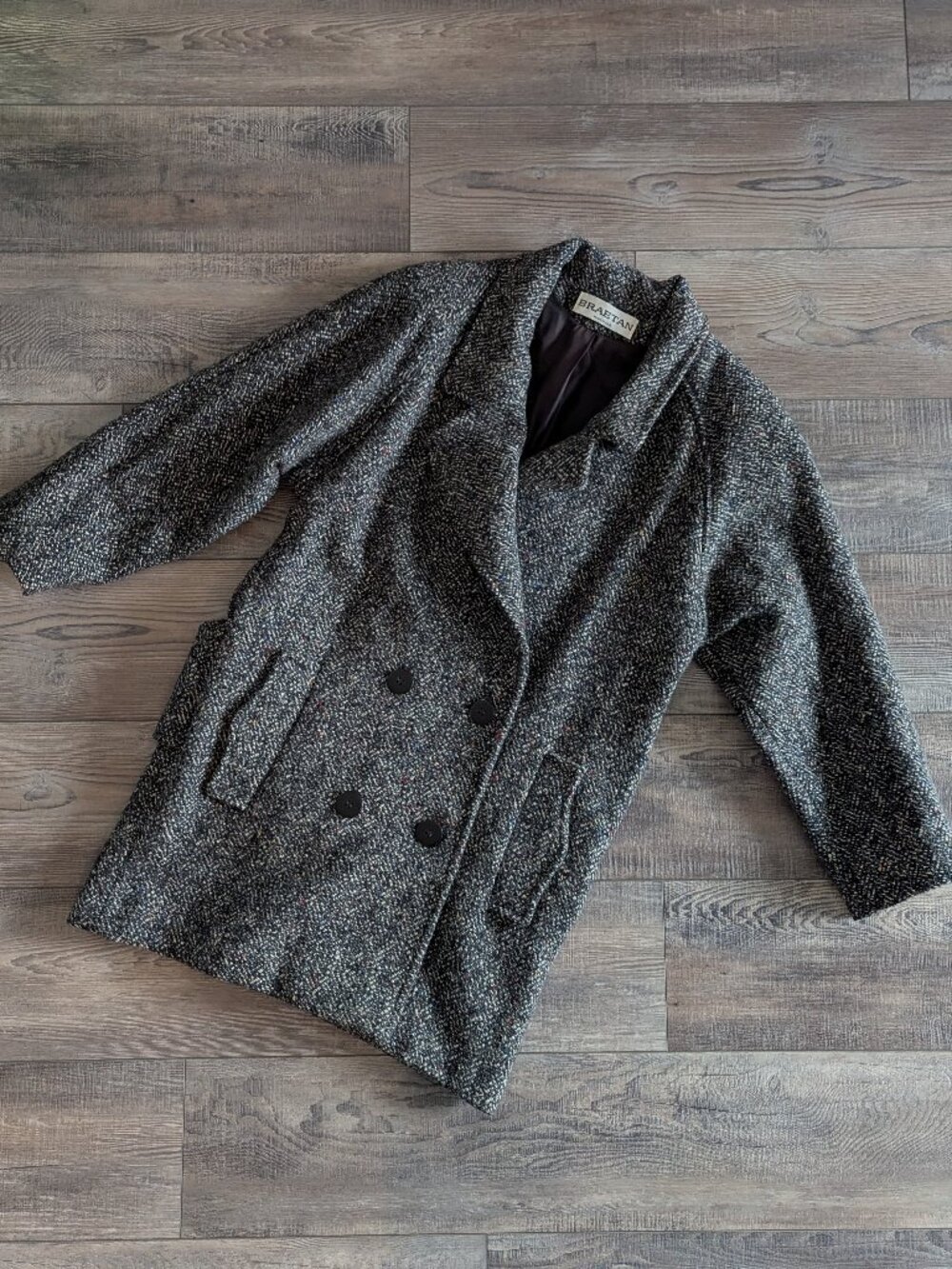 Vintage Braetan 100% Wool Coat Mid Warm Classic DoubleBreasted Donegal Gray 9/10